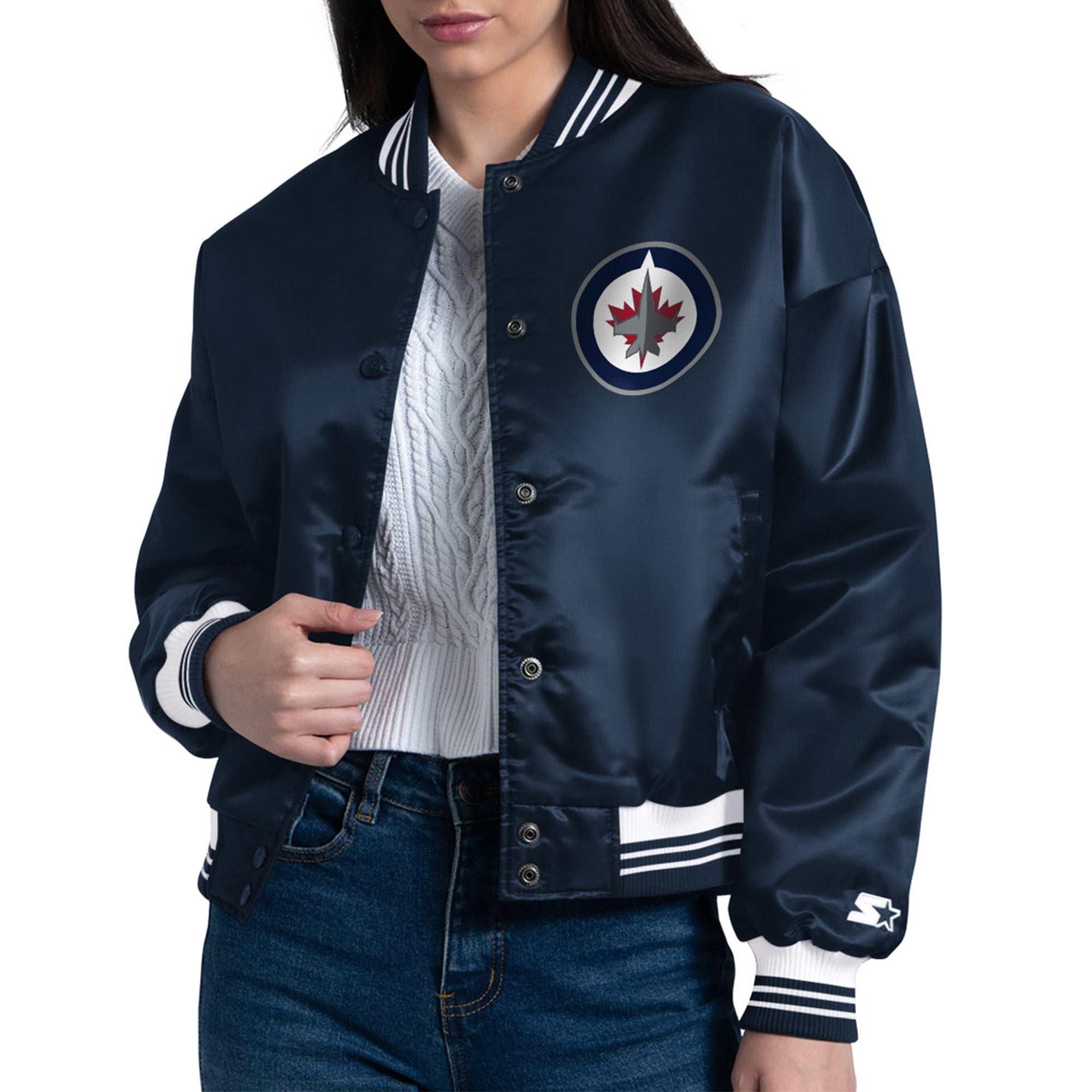 Women's Starter Navy Winnipeg Jets Arch Stripe Satin Full-Snap Varsity Jacket