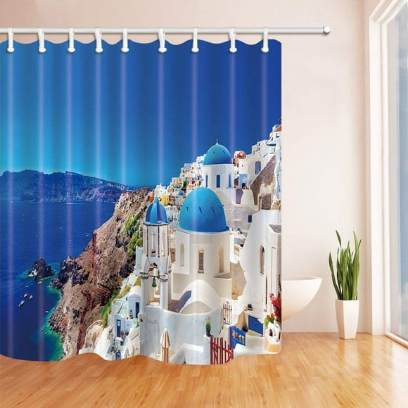 BOSDECO Décoration de Ville Européenne Santorin Grèce Vue de Paysage Palais de Pierre Blanc Tissu Polyester Rideau de Douche de Salle de Bain 66x72 Pouces