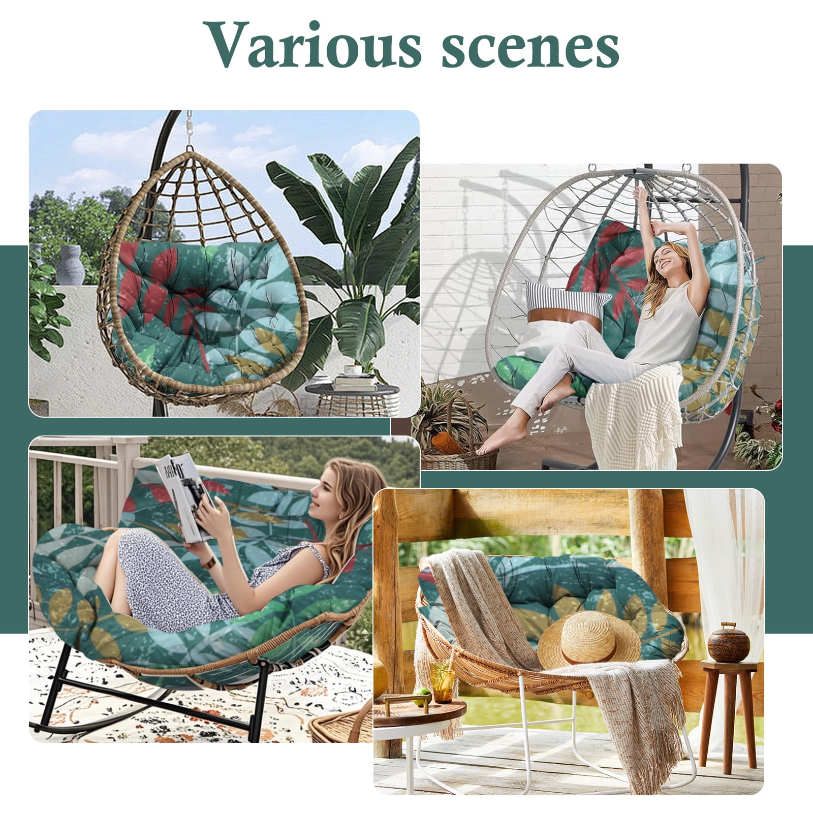 Egg Chair Cushion Replacement Waterproof – Outdoor Rocking Chair Cushions 6.3" Thick UV Resistant with 6 Straps for Patio, Balcony, Garden, Green Flower
