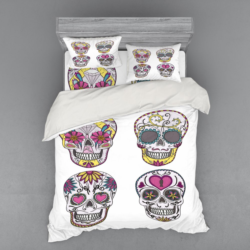 Sugar Skull Duvet Cover Set, Mexican Style Traditional Sugars Hearts