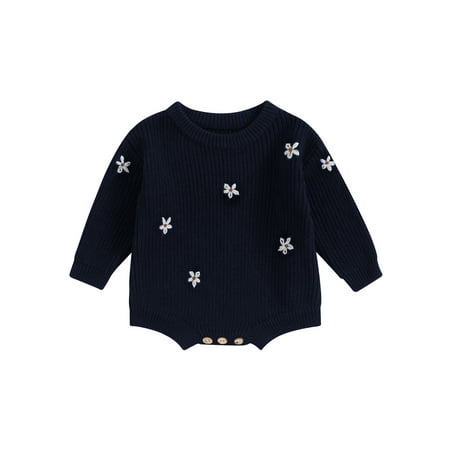 

Baby Girls Long Sleeve Flower Embroidery Knit Sweater Romper