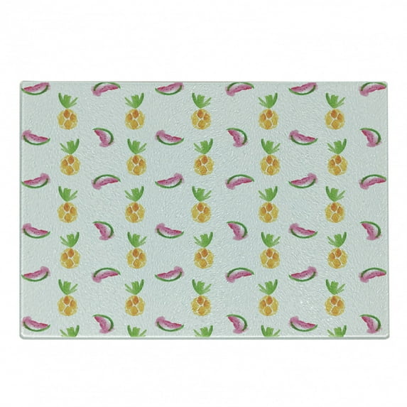 Pineapple Cutting Board, Pineapple and Watermelon Fruit Themed Minimal Sketch Pastel Watercolor Pattern, Decorative Tempered Glass Cutting and Serving Board, Small Size, Multicolor, by Ambesonne