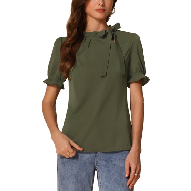 INSPIRAR CHIC Blusas de Verano para Mujeres de Color Sólido con Lazo en el Cuello y Mangas Cortas para Usar en el Trabajo Verde Oliva L