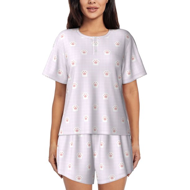 Fotbe Kawaii Cat Paw Conjunto de Pijama Estampado para Mujer, 2 Piezas, Ropa de Dormir con Camiseta de Manga Corta y Shorts Suaves-Small