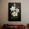 thumbnail image 3 of 1pc Elegant White Lily Flowers with Golden Sparkles and Swirls on Black Background Framed Decor room hanging Wall Picture Decor for Home Gifts, living room, bathroom, bedroom, kitchen wall art decor, 3 of 8