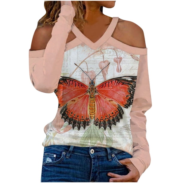 Moda mujer Casual manga larga fuera del hombro Halter cuello en V estampado de mariposa Top blusa Pompotops gfhjh23076