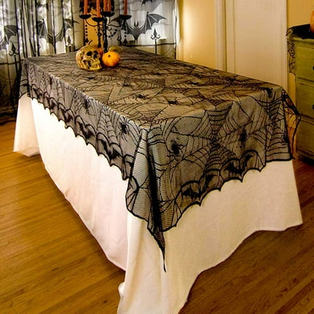 

Mouind Halloween Tablecloth Lace Rectangular Black Spider Web 48 x 96 inch Polyester Spooky Bat Lace Tablecover for Gothic Halloween Party Home Decorations