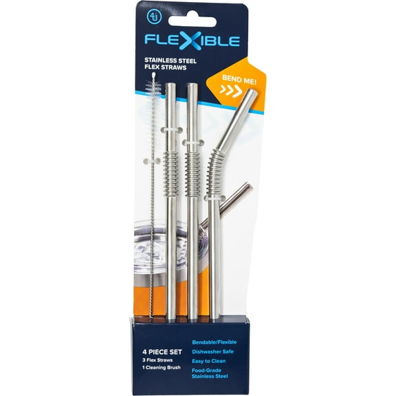 4th Utensil 3-Pack Flexible Stainless Steel Straws with Cleaning Brush, Silver