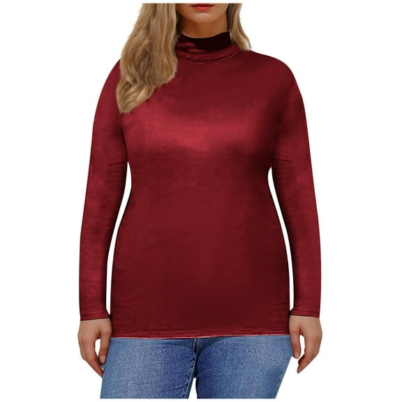 Plus Size High Neck Tops Womens Casual Solid Color Soft Cotton Basic Thermal Tee Shirts Long Sleeve (XL, Red)