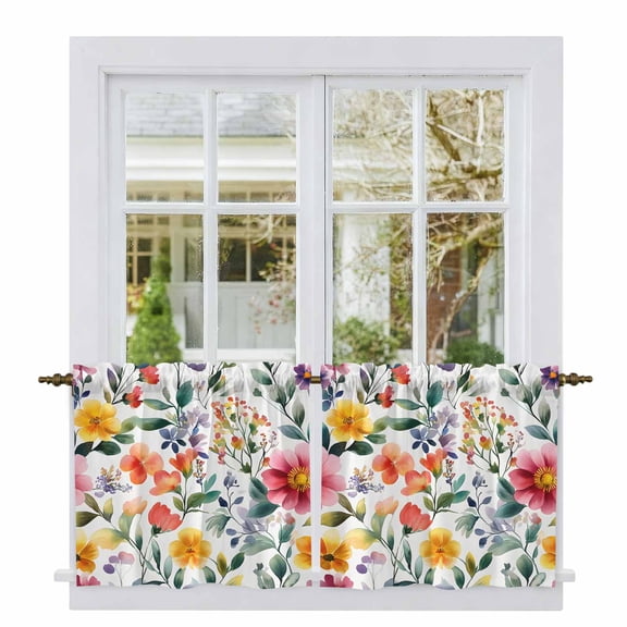Retro Flower Tier Curtains, Boho Country Floral Leaf Plant Watercolor Light Filtering Kitchen Curtains, 2Pcs Rod Pocket Half Window Treatments Panels for Sink Cafe Cabinet Camper 27.5x36 Inches