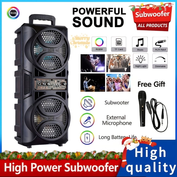 Portable Wireless PA Speaker, Dual 6.5-inch High-Quality Subwoofer with AUX/USB/FM/Wired Microphone, Built-in Rechargeable Battery & LED Light - Indoor Outdoor Audio System