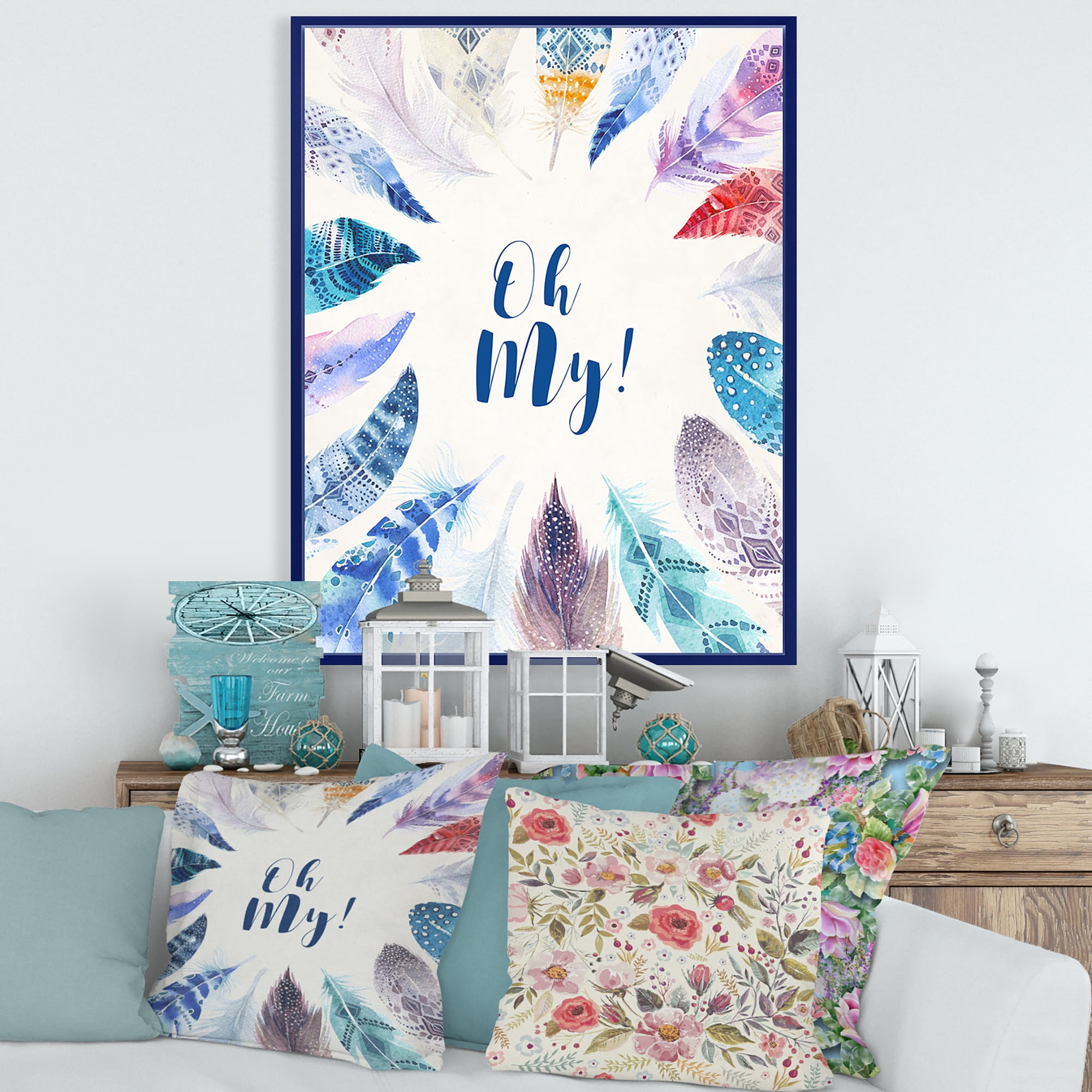 Designart 'Vital Blue Feathers Oh My' Bohemian & Eclectic Framed Canvas Wall Art Print