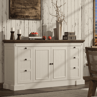 Sideboard Buffet Cabinet with Storage, 63" Large Credenza Kitchen Storage Cabinets with Drawers and Doors, Wood Coffee Bar Table with Adjustable Shelves for Living Room, Kitchen, White