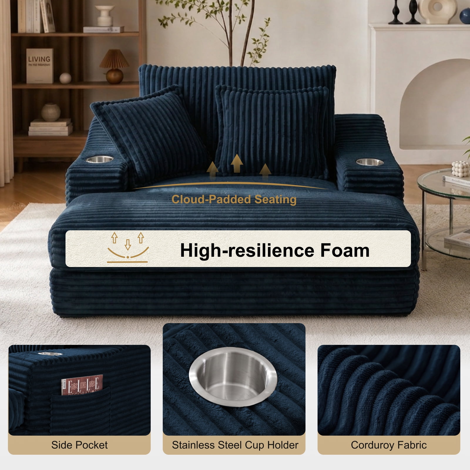 47" Wide Oversized Single Chaise Lounge Chair, 67'' Sleeper Sofa Bed with Cup Holders & 3 Pillows