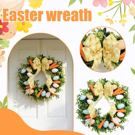 KUNPENG 16" Easter Carrots and Eggs Door Wreath for Front Door Wall Decor, Small Easter Wreath Spring Easter Egg Shaped Garland with Colored Eggs Bow Knot Holiday Decoration Outdoor