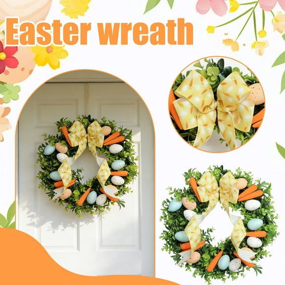 KUNPENG 16" Easter Carrots and Eggs Door Wreath for Front Door Wall Decor, Small Easter Wreath Spring Easter Egg Shaped Garland with Colored Eggs Bow Knot Holiday Decoration Outdoor