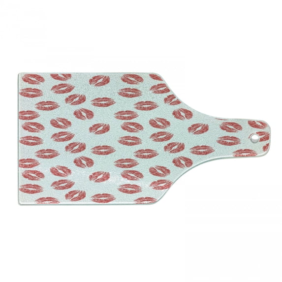 Feminine Cutting Board, Pattern of Lipstick Kiss Marks Woman Valentines Wedding Theme Illustration, Decorative Tempered Glass Cutting and Serving Board, Wine Bottle Shape, White Red, by Ambesonne