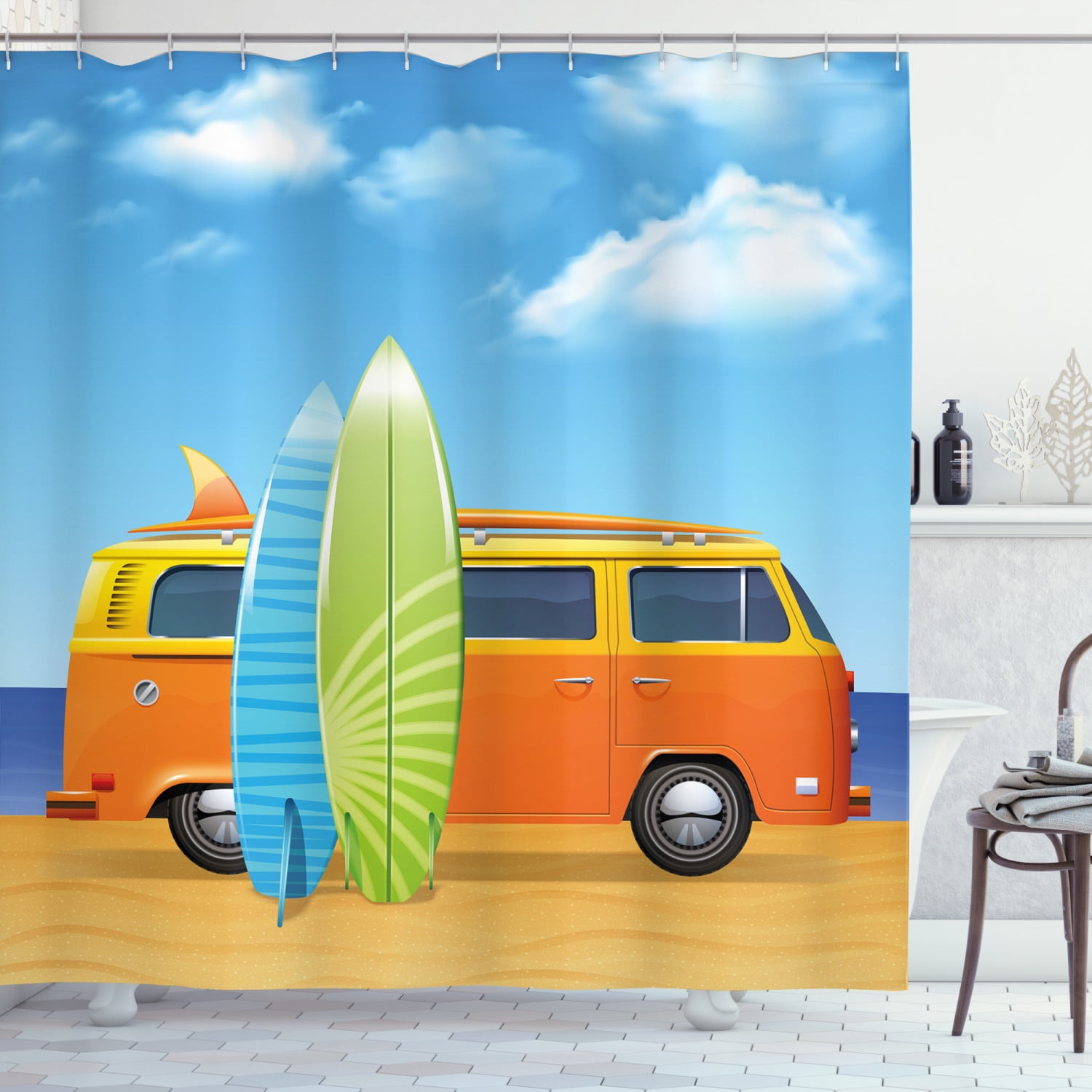 Happy Camper Van Waterproof Fabric Bathroom Shower Curtain Liner With 12 Hooks 