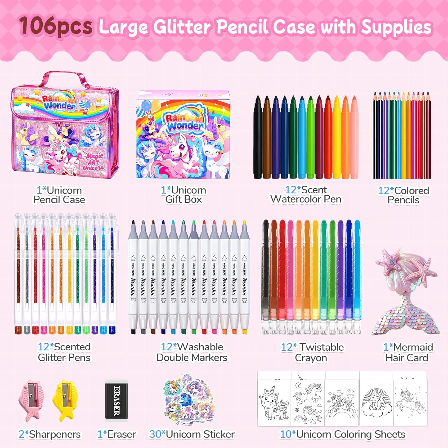 homicozy 106PCS Scented Washable Markers Set,Arts and Crafts Kit for Girls Ages 4-6-8-10,Travel Coloring Drawing Art Supplies with Unicorn Glitter Pencil Case,Ideal Birthday Gift for Kids