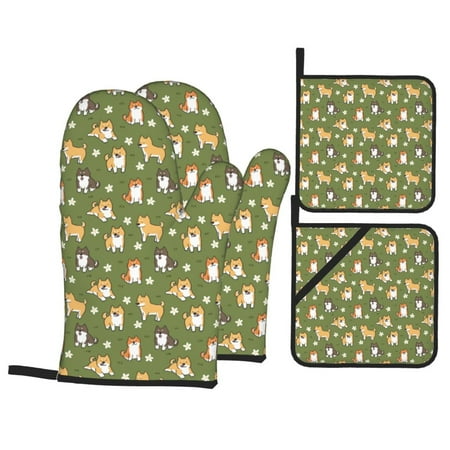 

Oven Mitts and Pot Holders 4 Piece Shiba Inu Dog And Flower High Heat Slip Resistant Oven Mitt and Trivets Set Kitchen Oven Glove Pot Holders for Cooking Baking Grilling