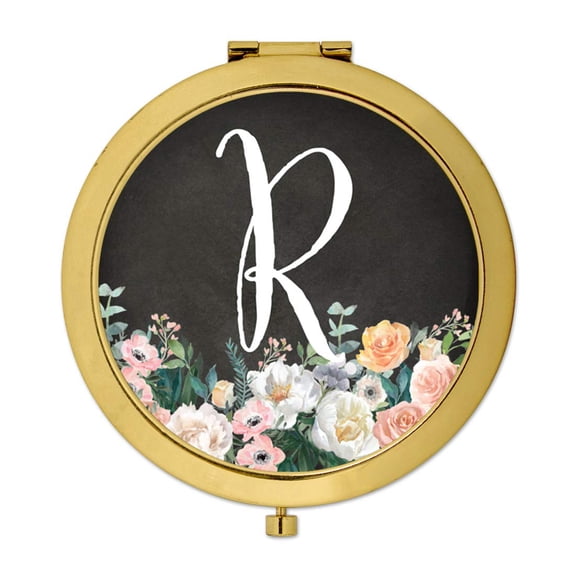 Koyal Wholesale Gold Compact Mirror Bridesmaid's Wedding Gift, Peach Flower Florals on Chalkboard, Monogram Letter R