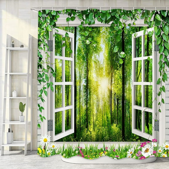 Green Forest Nature Scene Theme Shower Curtain, Rustic Woodland Landscape with Wooden Window, Polyester Fabric Waterproof Shower Curtain for Bathroom, 69X70in, Shower Curtains Hooks Included