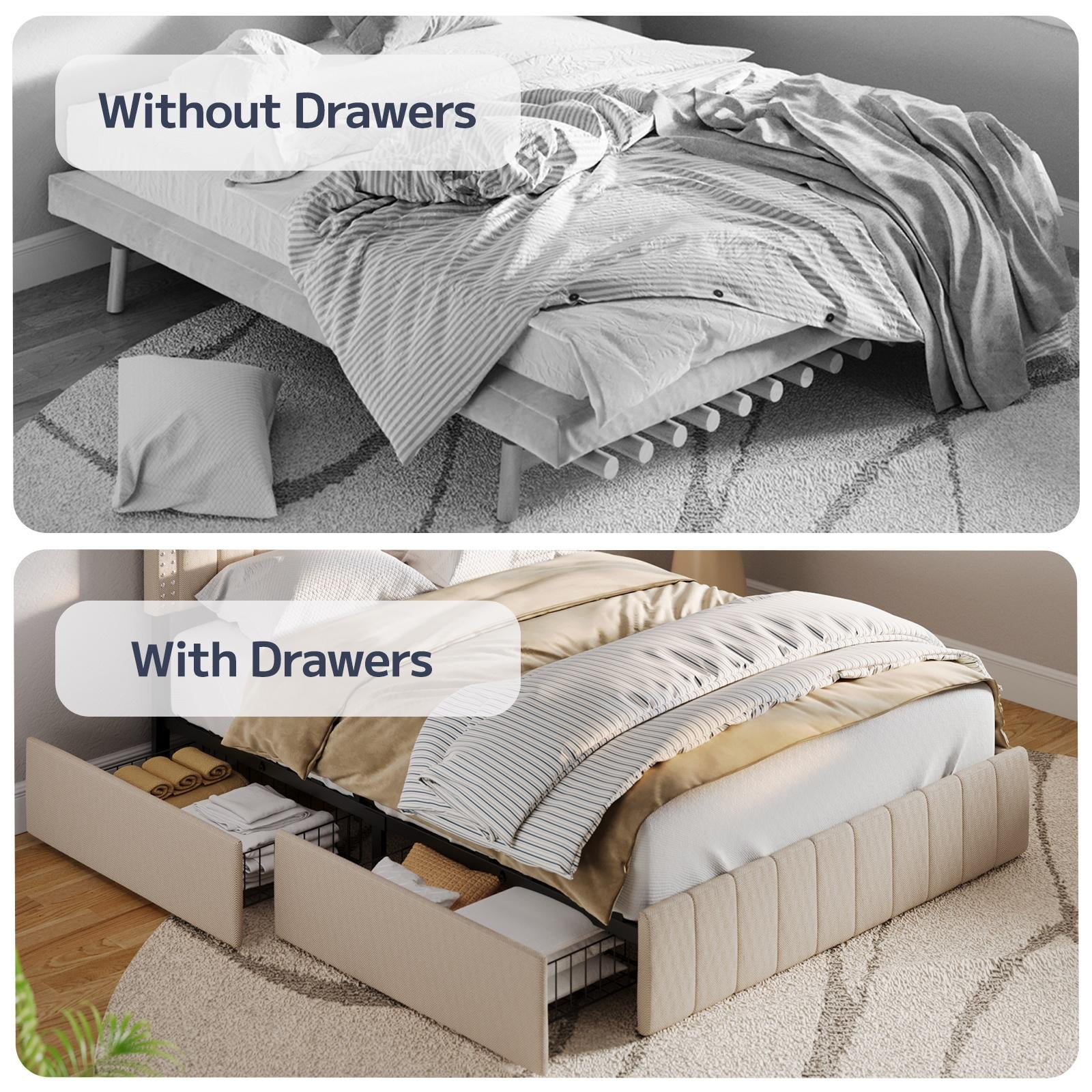 Asofer Modern Queen Bed Frame with Adjustable Headboard and 4 Metal Storage Drawers, Beige