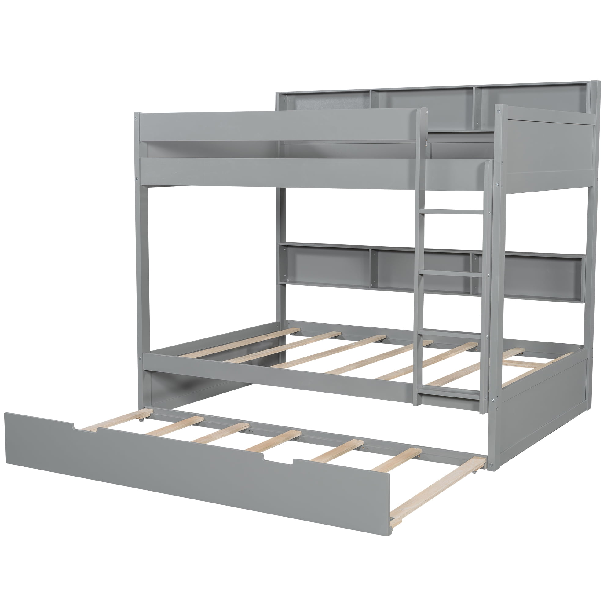 Euroco Wood Twin over Twin Bunk Bed with Storage Shelves and Trundle, Gray