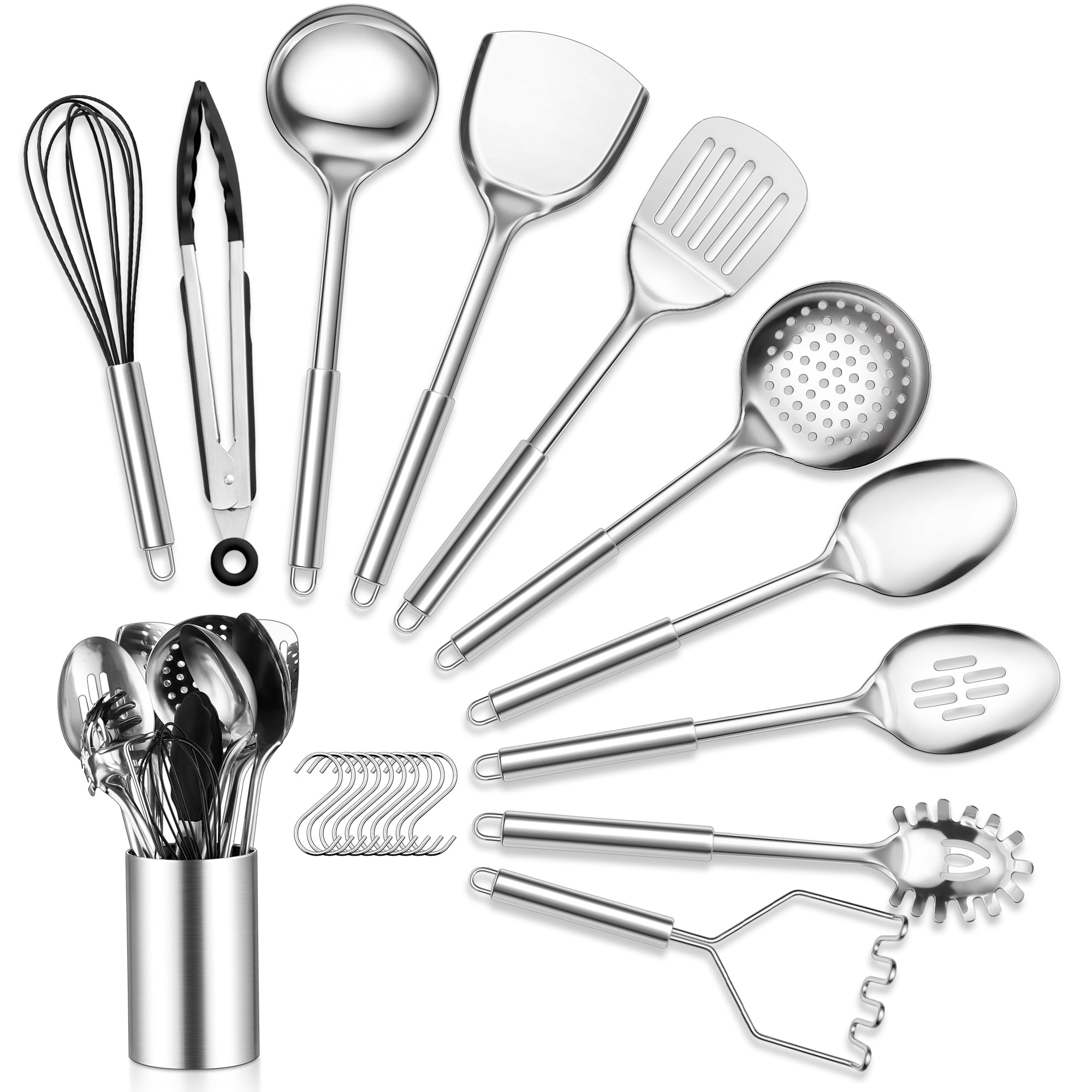 Walchoice Stainless Steel Kitchen Utensils Set, 21 PCS Cooing Utensils Set With Holder, Metal Kitchen Gadgets Cookware Tools for, Heat Resistant & Dishwasher Safe