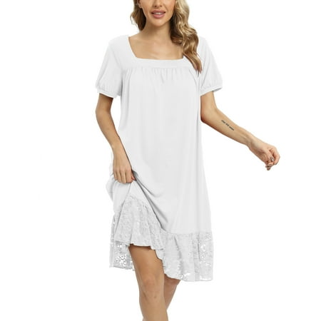 

Women Short Sleeve Nightgowns Square Neck Sleepshirts Sleepwear Sexy Lace Trim Night Gowns Soft Short Lace Panel Nightdress Pajama Shirts White S-2XL