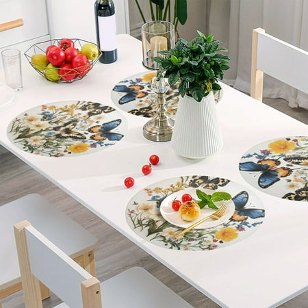 

Round Grid Placemat One Sizex1 Round Placemat PVC Plate Mat，15.4 Inch Non-Slip and Heat Resistant Table Placemat Dining Room Placemat Colorful Butterflies and Flowers
