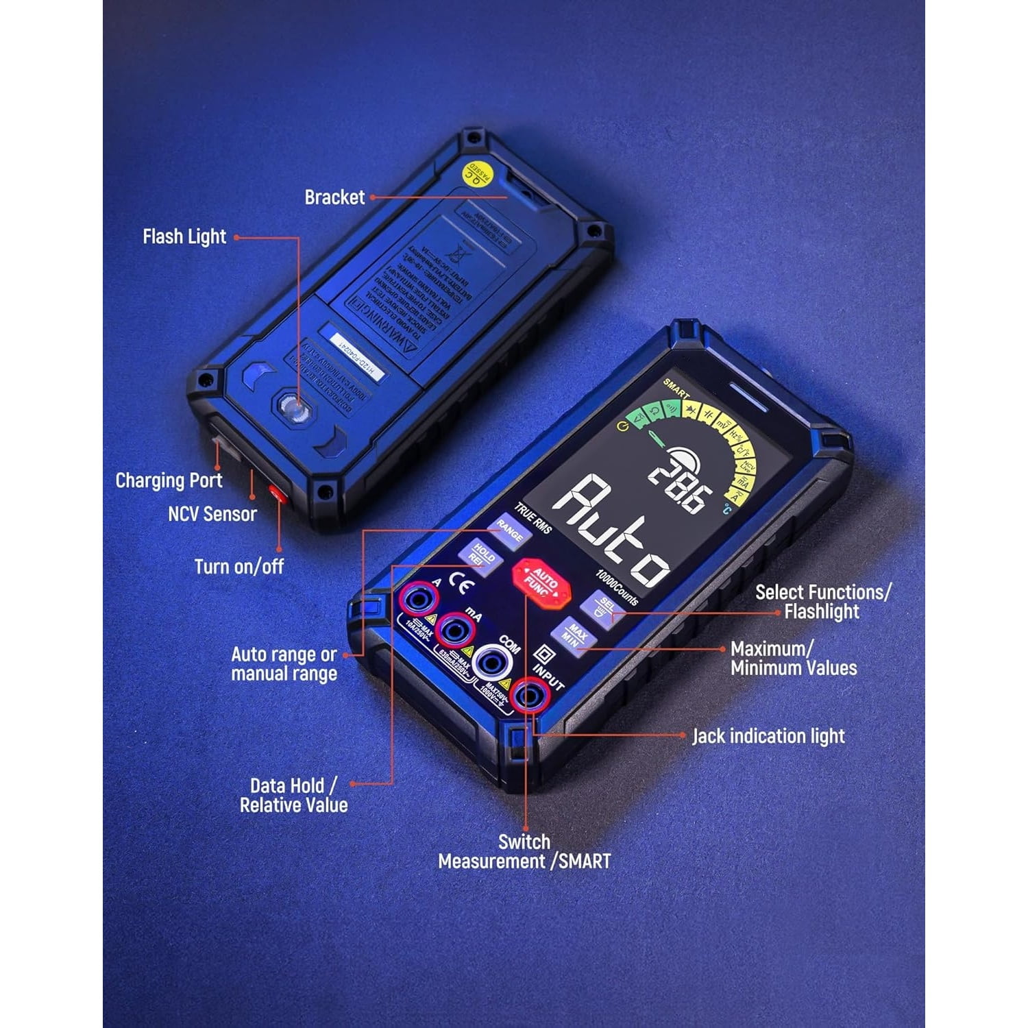 Digital Multimeter 10000 Counts TRMS Auto Ranging, Rechargeable Smart Multimeter, Color LCD Screen Volt Meter, Measures Voltage, Current, Resistance, Continuity, Capacitance, Frequency