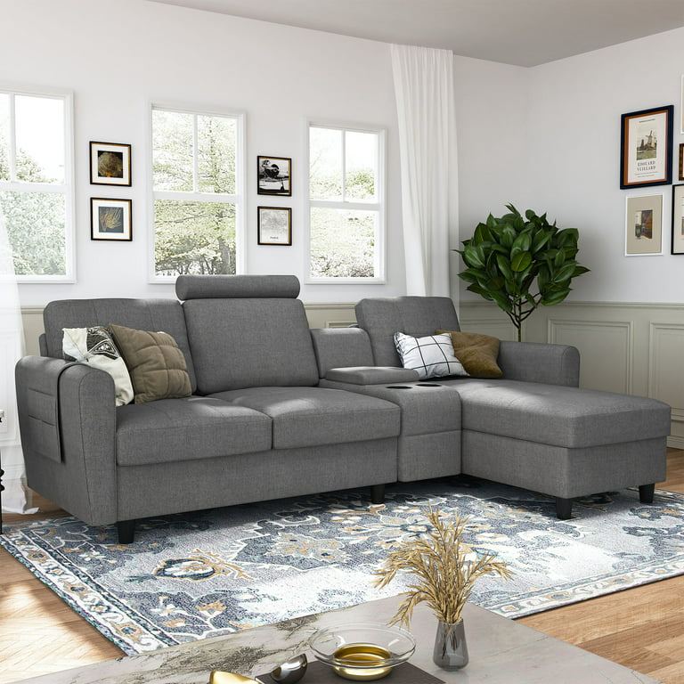 HONBAY Reversible Sectional Sofa Modern Upholstered L Shaped Couch with Cup  Holders & Storage Console for Living Room, Grey