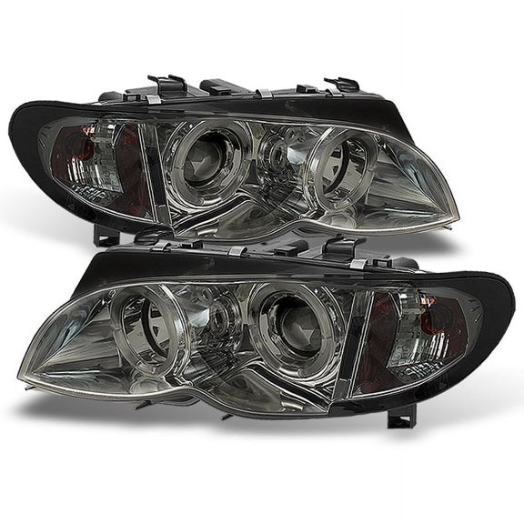 AKKON - For BMW E46 3-Series 4 Doors Sedan Smoke Dual LED Ring Projector Headlights Left Right Replacement