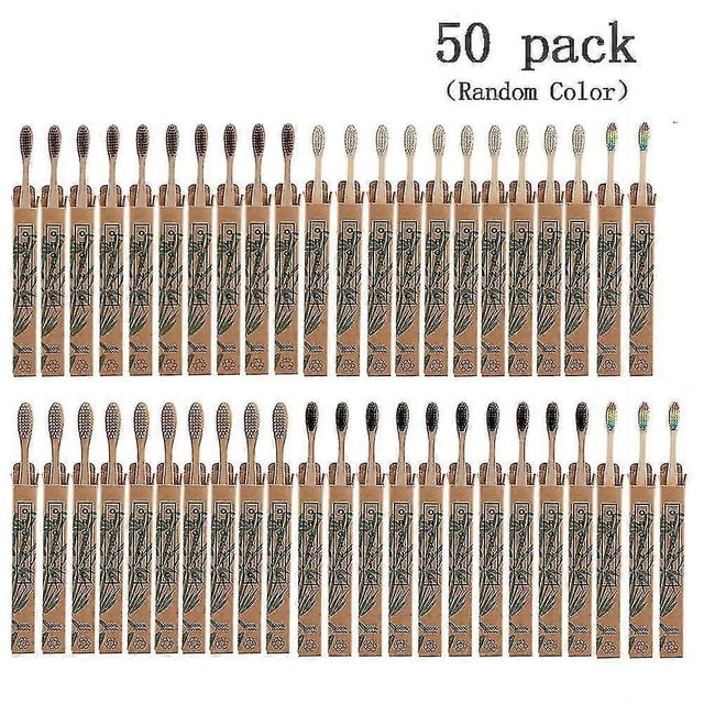 50pcs bamboo toothbrush 100% natural organic medium bpa free soft healthy brush-hy paquete de 50 cepillos con mango de fibra de bambú y cabezal de cerdas suaves, vista frontal en dos filas con fundas de papel estampadas y colores aleatorios, agarre ergonómico visible; a menudo se usan para kits de viaje o cortesía en eventos.
