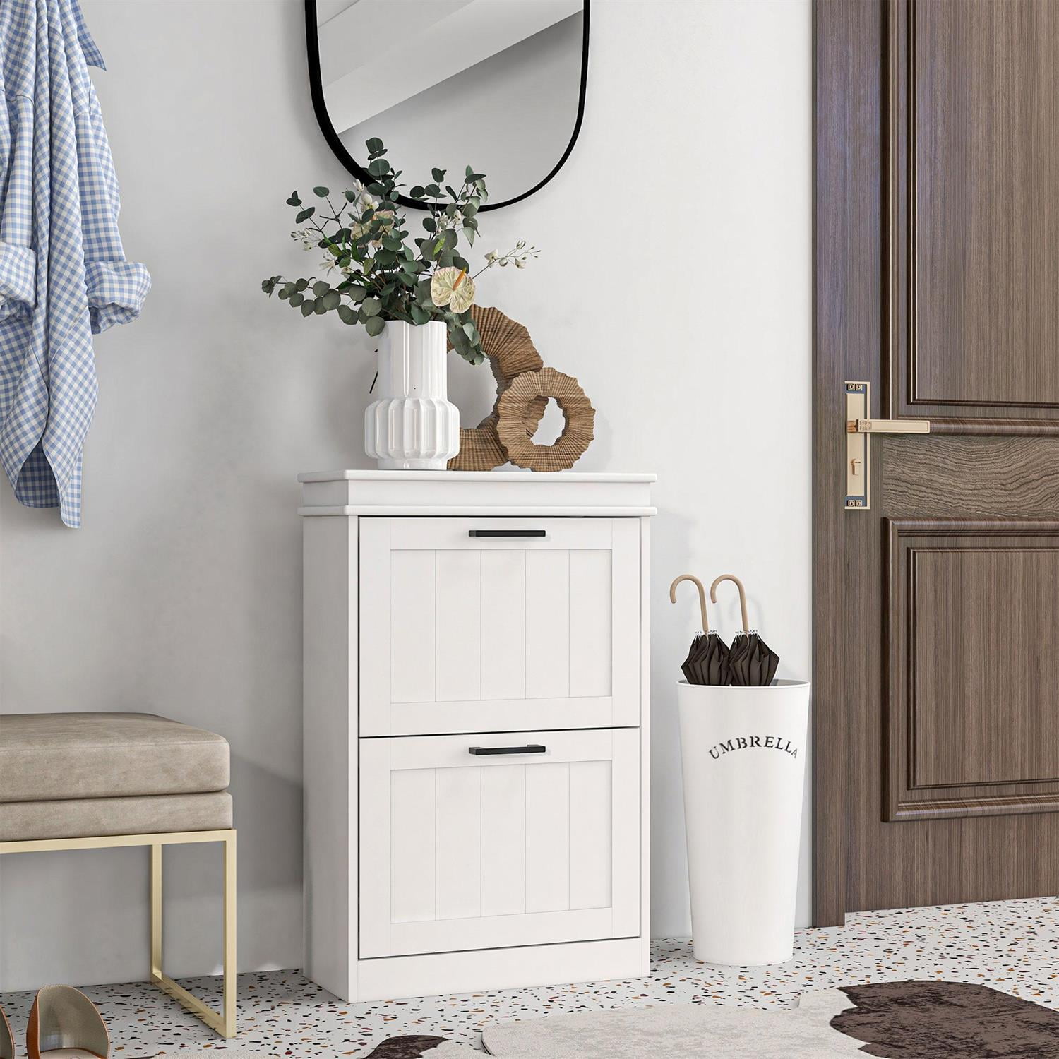 Demi Bonn 32" Shoe Storage Cabinet with 2 Flip Drawers for 10 Pairs, Compact Organizer for Entryways & Hallways, White