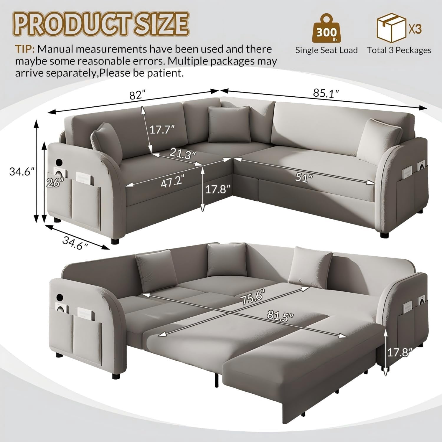 Howcool 85.1" L-Shaped Sectional Sleeper Sofa, 5-Seat Pull Out Couch Bed with USB Ports & Side Pockets, Teddy Fabric Convertible Sofa for Living Room, Light Grey