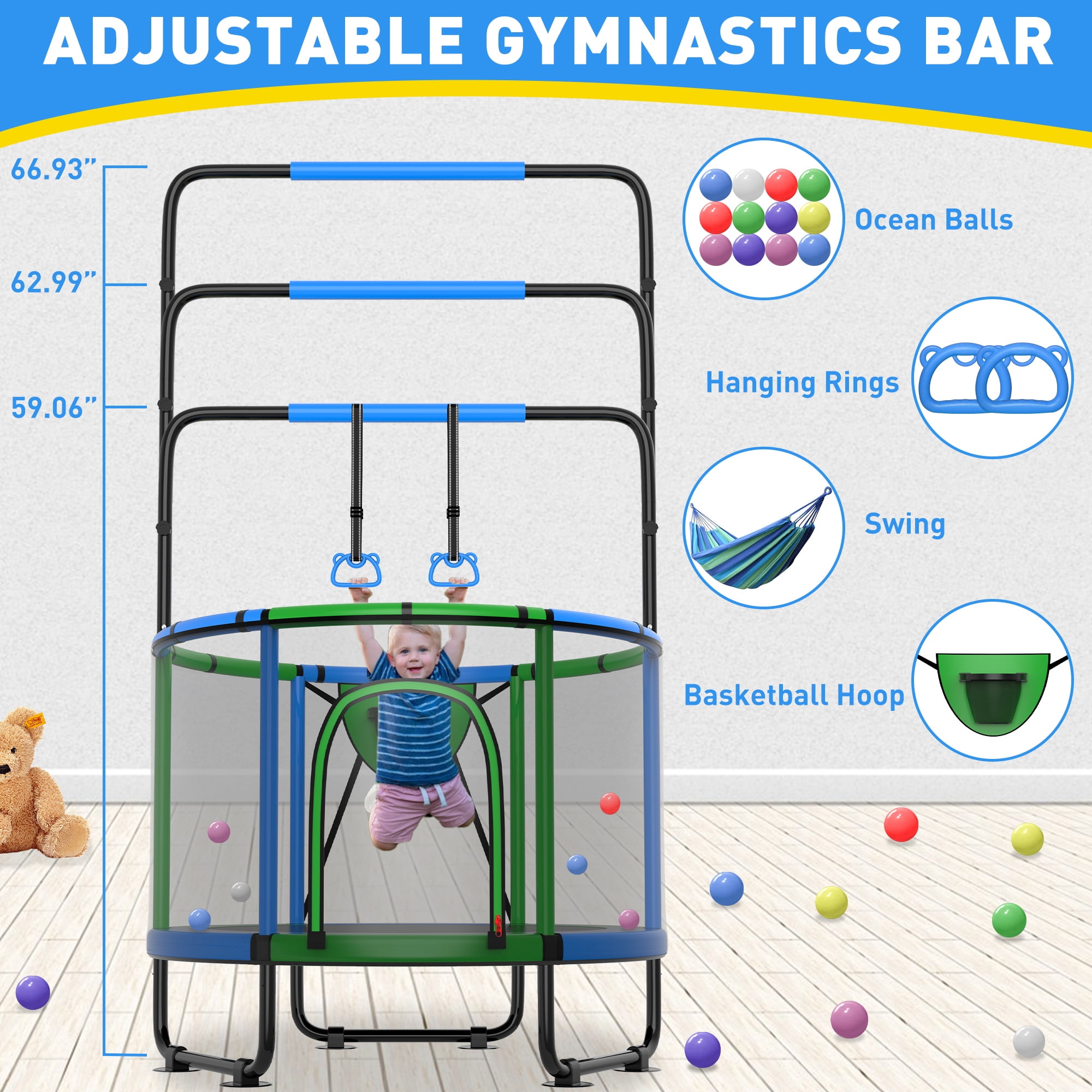 CITYLE Trampoline for Kids 600LBS 60'' 5FT Toddler Trampoline Indoor Outdoor with Basketball Hoop, Swing, Adjustable Bar, Mini Small Trampoline with Enclosure, Gifts for Toddlers, Boys & Girls