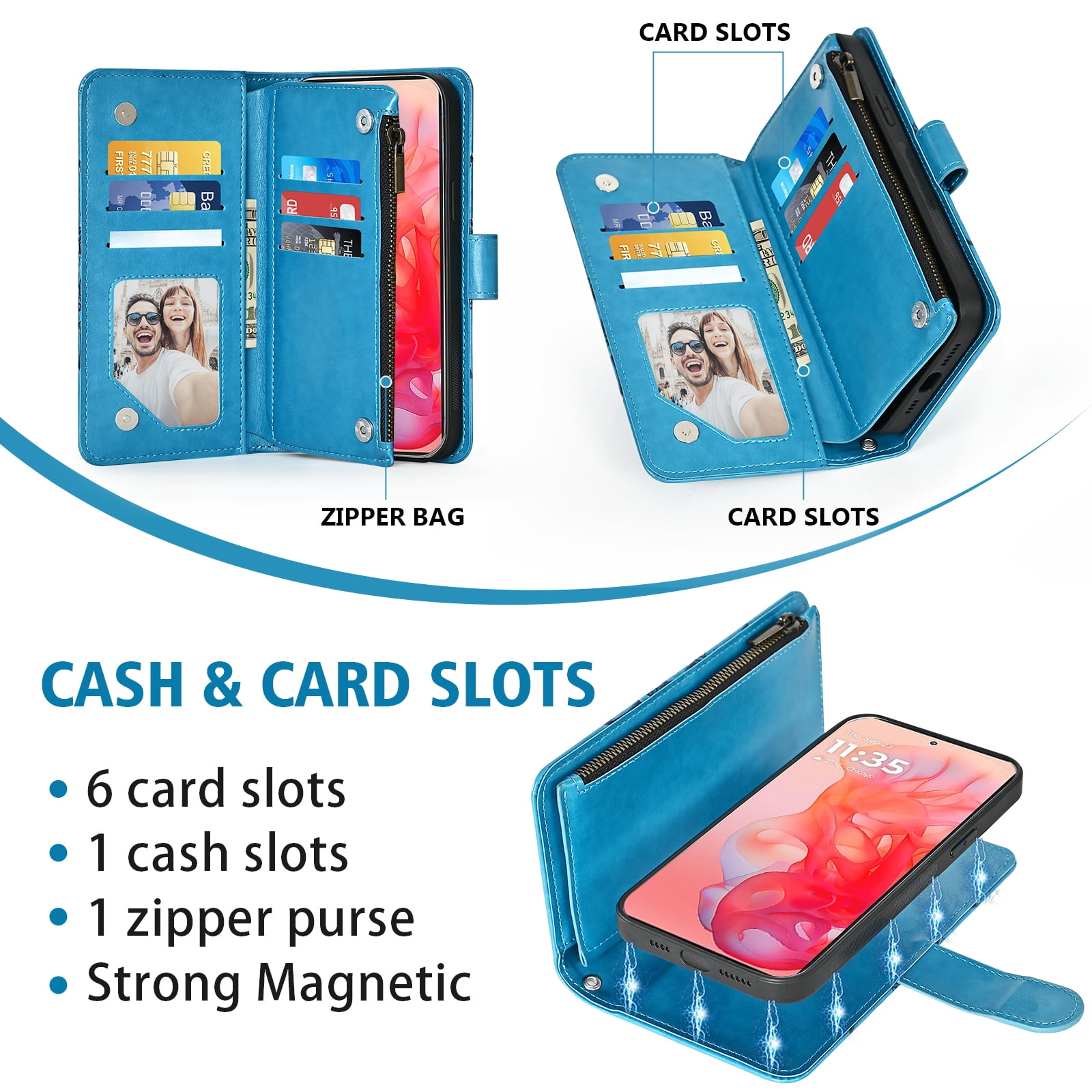 Asuwish Phone Case for Motorola Moto G Stylus 5G 2024 Zipper Wallet Magnetic Detachable Cell Cover with Tempered Glass Screen Protector Crossbody Strap Flower Card Holder Slot G5 Women Girls Blue