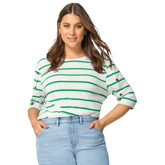 ellos Women's Plus Size Striped Button Sleeve Tee - 14/16, White Kelly Green Stripe