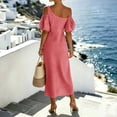 thumbnail image 4 of QUNYINEY Puff Short Sleeve Womens Dresses Summer One Shoulder Long Striped A Line Dress Vacation Casual Loose Fit Dresses, 4 of 5