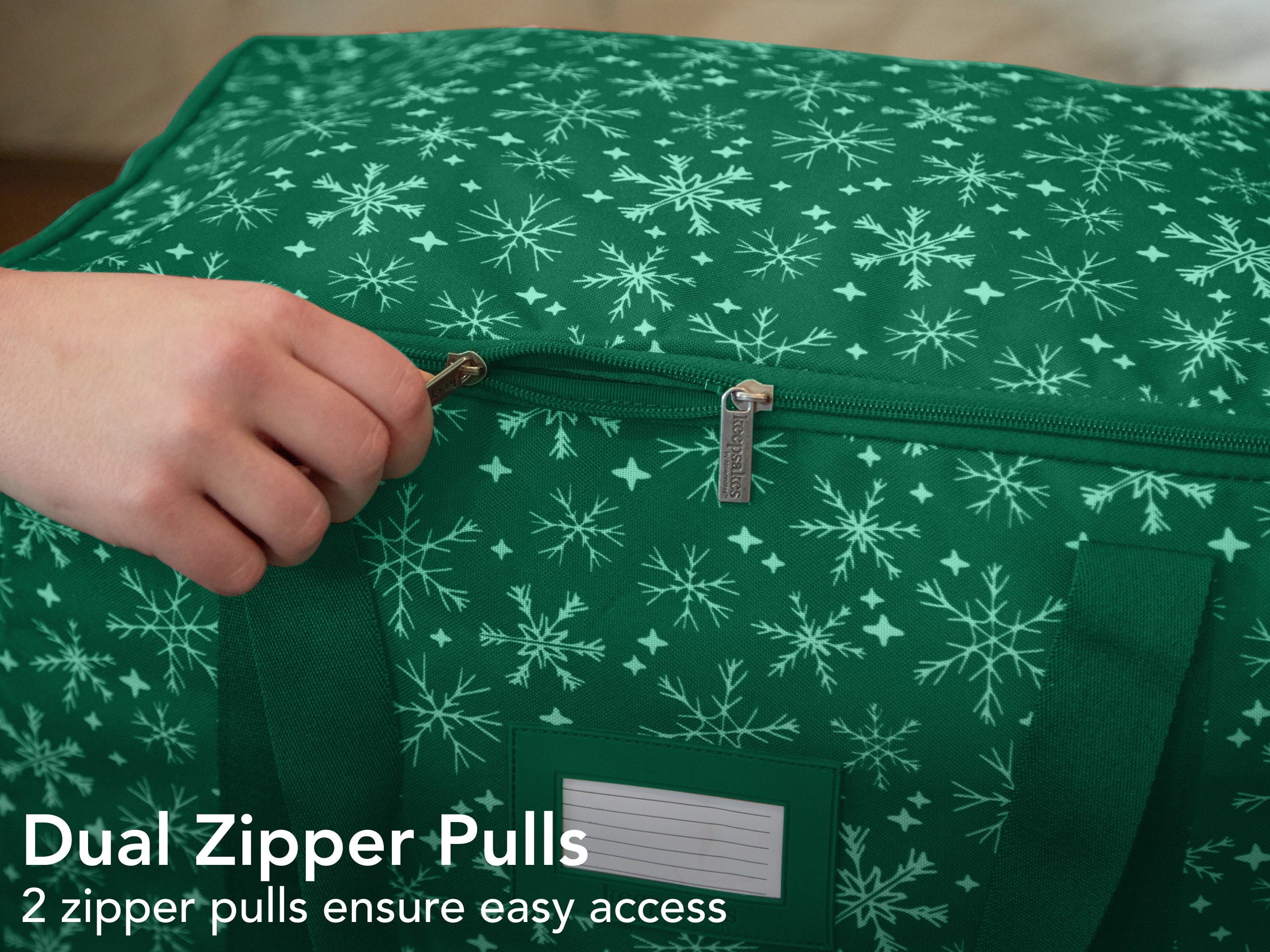 Covermates Keepsakes Rolling Treasurekeeper Storage Bag - Carrying Handles, ID Window, Dual Wheels - Holiday Storage, Green Snowflake