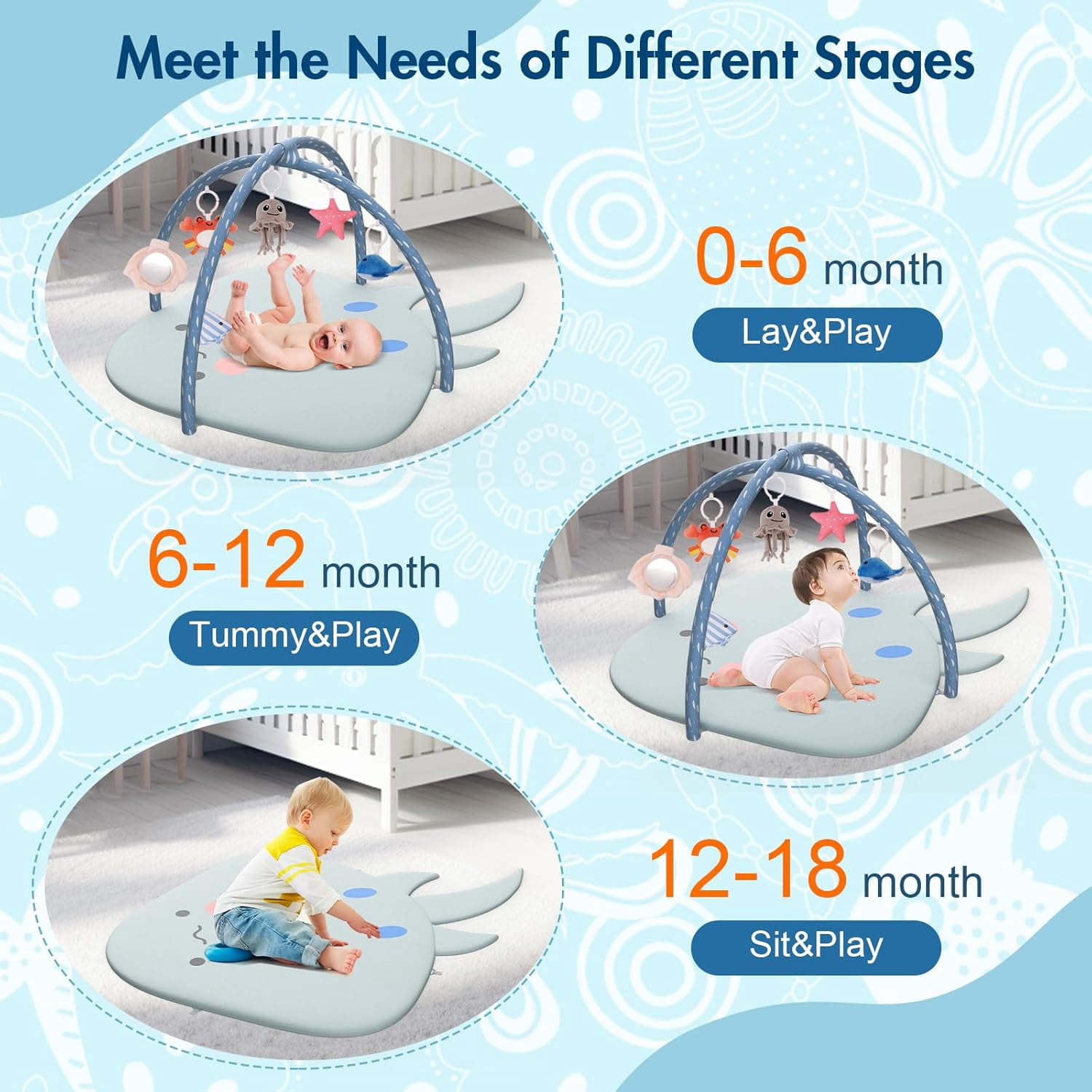 OMZER Baby Play Gym Mat for Infant & Newborn, Baby Activity Mat with 6 Detachable Hanging Toys for Sensory & Motor Skill Development, Ocean Style Playgym
