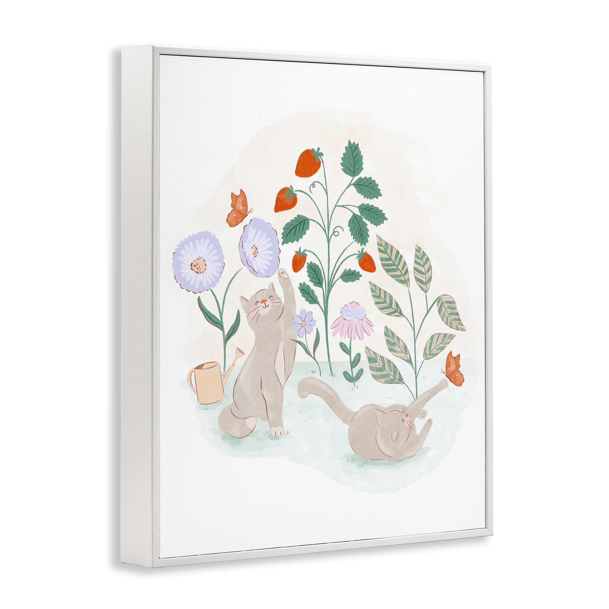 Stupell Industries Cats Playing in Garden Animals & Insects Painting White Framed Art Print Wall Art, 24 x 30
