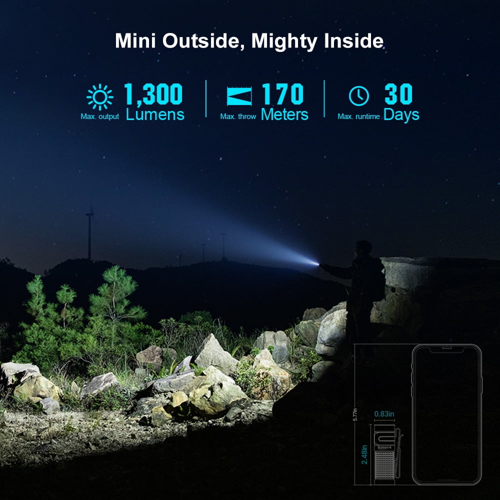 OLIGHT Baton4 Rechargeable EDC Flashlight, Bright LED Flashlight 1300 Lumens with Charging Cable, IPX8 Waterproof, 6 Adjustable Modes Handheld Light for Home, Camping, and Emergencies （Blue Phantom）