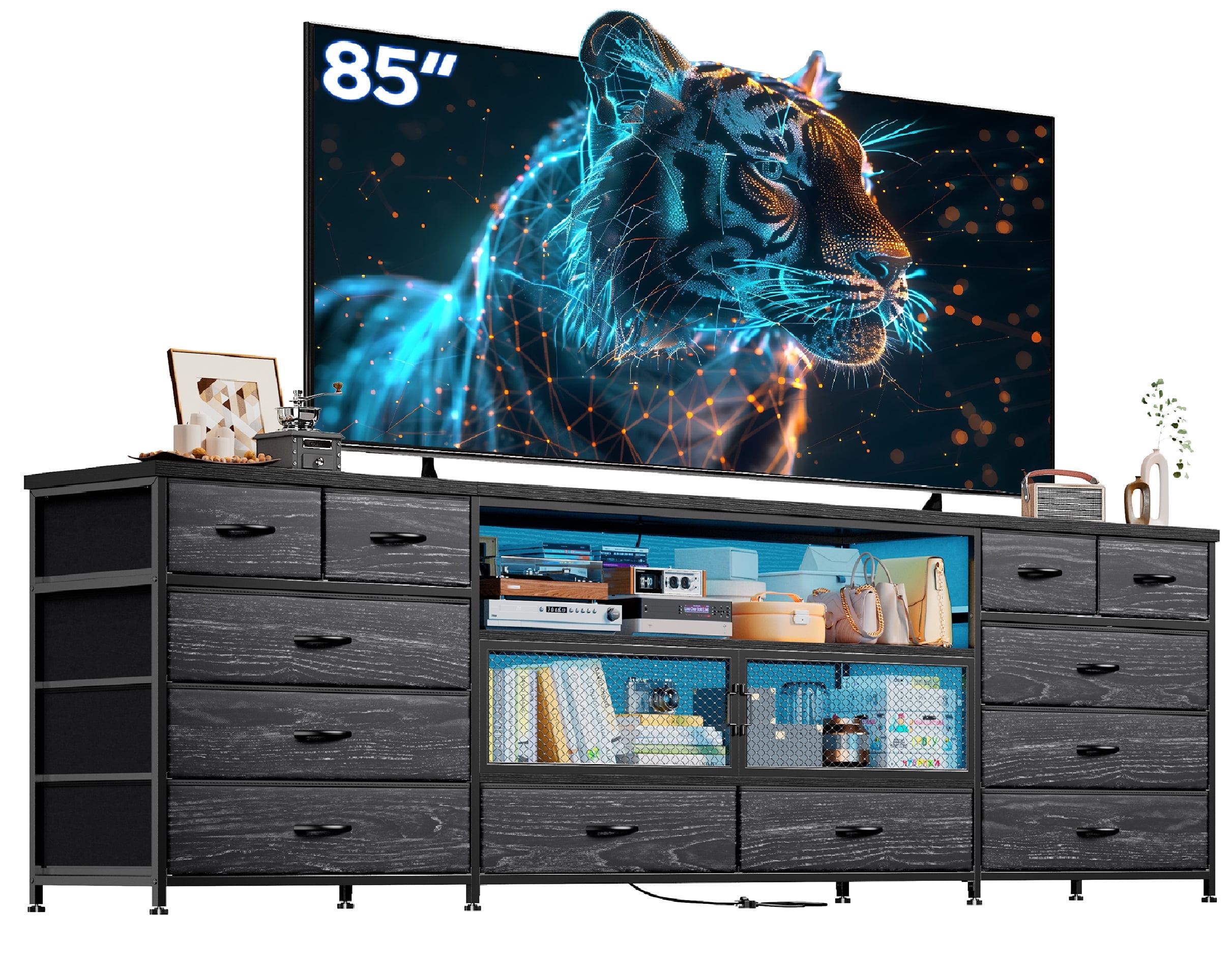 EnHomee TV Stands for Living Room Bedroom Dresser with Charge Station Entertainment Center for TVs 75 inch to 85 inch Black TV Stand with Fabric Drawers & LED
