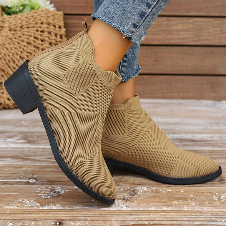Dvkovi Country Concert Outfits Women s Ankle Boots Booties Ladies Fashion Solid Color Breathable Knitted Mesh Pointed Thick Heel Short Ankle Boots