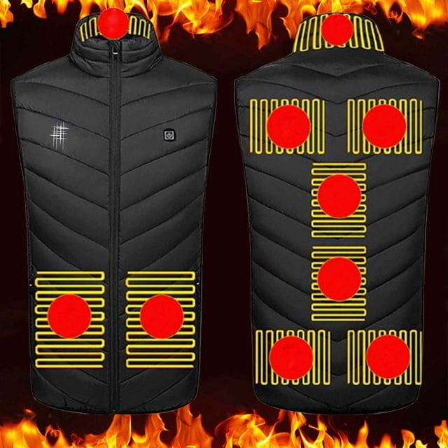 Amzcrzy Men Polyester Blouse Unisex Zipper Key Press Control 2 Heating Jacket Heated USB Charging Version Heated Vest. The image displays a black heated vest with highlighted heating zones in red and yellow on the front and back. It features a zipper closure, a power button on the chest, and a high collar for warmth. Designed for winter outdoor use, it includes USB charging and heating elements for the neck and back. Flames in the background emphasize its heating functionality.