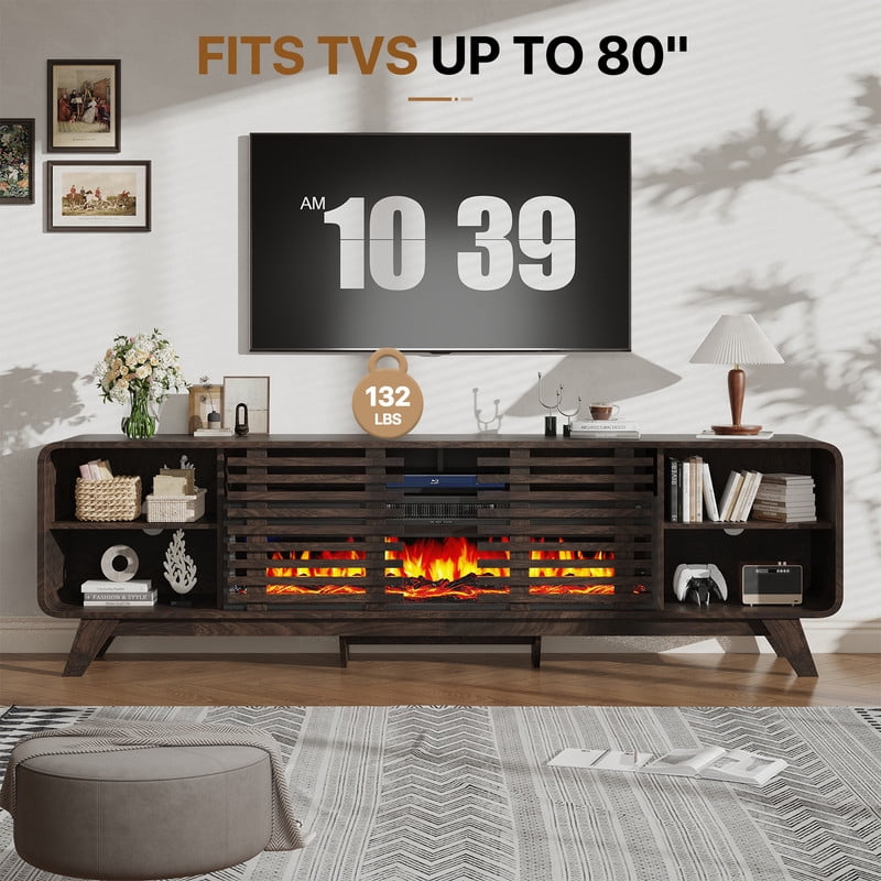 BaPiPro Mid‑Century Modern Fireplace TV Stand with 40 Inch Electric Fireplace 12‑Color RGB LED Lights Fits TVs up to 90 Inch Wood Media Console with Slatted Sliding Doors for Living Room Brown