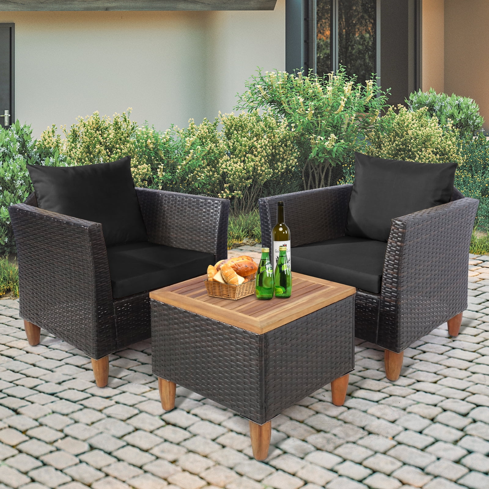 Patiojoy 3Pieces Outdoor Rattan Furniture Set Wicker Bistro Set Wooden Table Top with Cushions